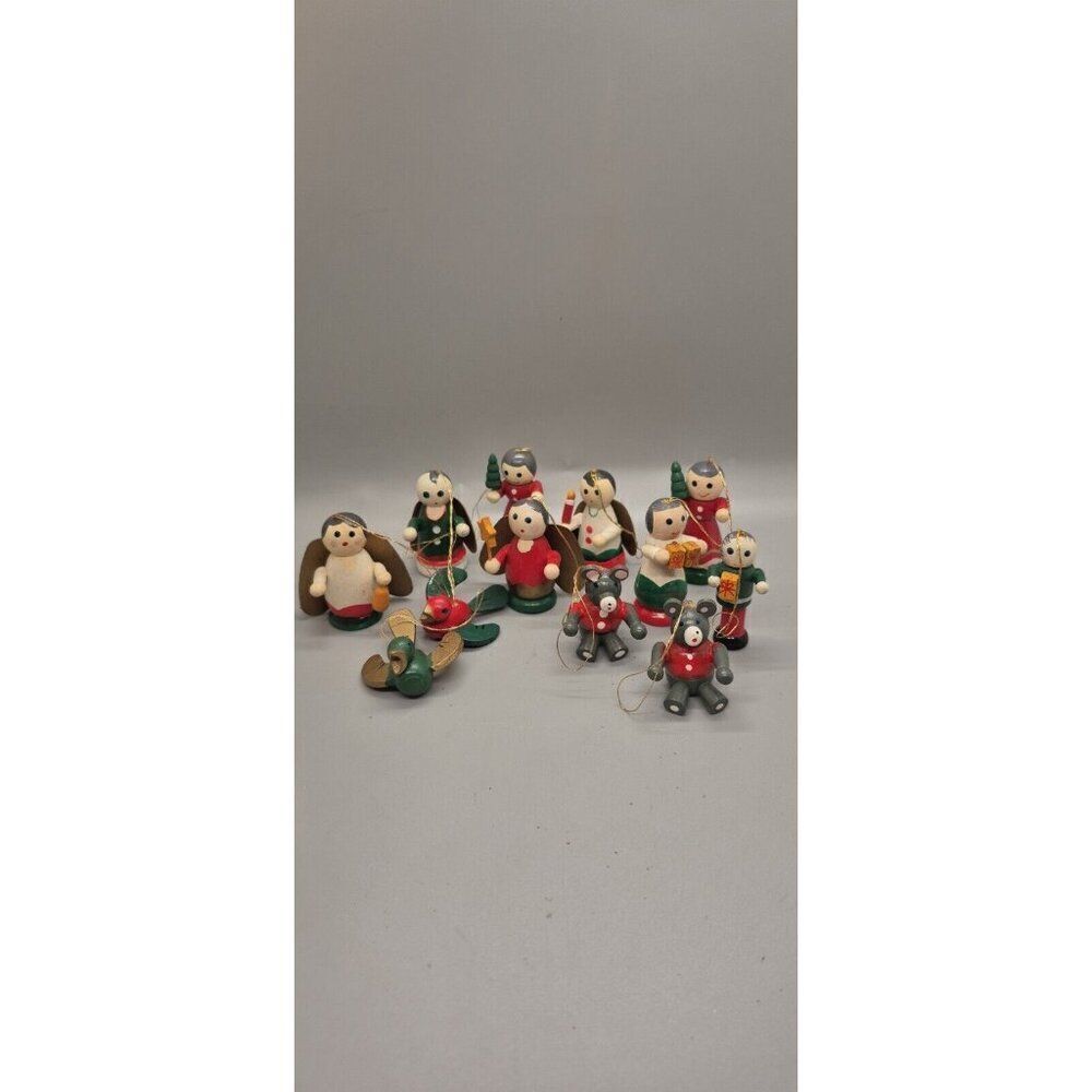 Vintage Lot Of 12 Mini Wooden Christmas Ornaments Painted Wood Mini NOS